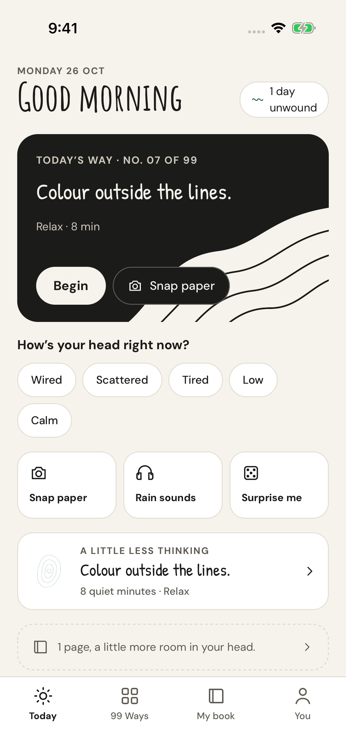 Unwind Today screen: a daily drawing prompt, mood check-in, rain sounds, and your book